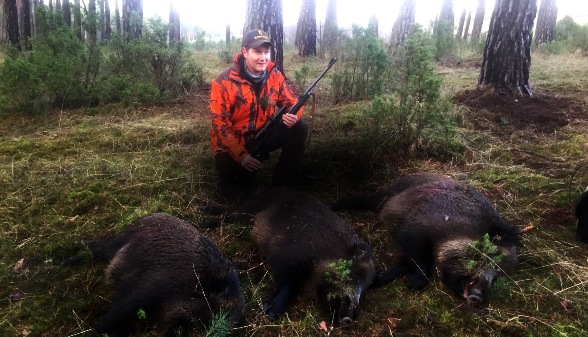 hunter with 3 wild boar shoot on 1 drive